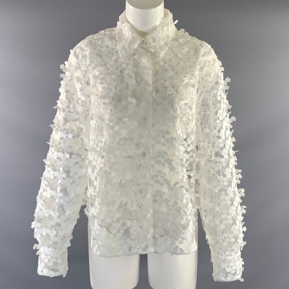 CYNTHIA ROWLEY Size L White Polyester Floral Button Up Casual Top